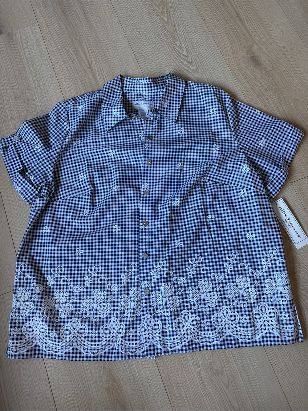 Alfred Dunner Black and White Gingham Embroidered Button-Front Shirt